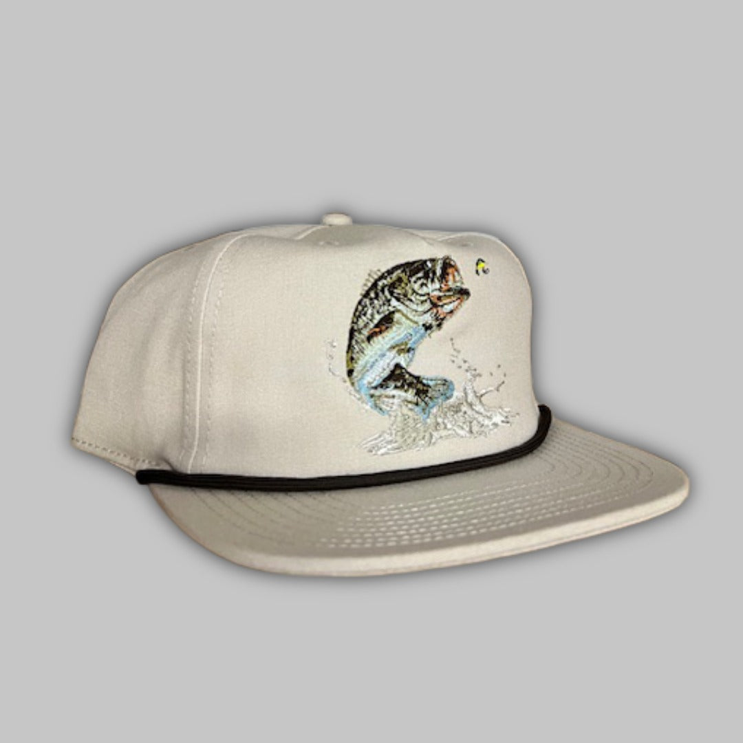 Front view of Bass Attack Rope snapback cap with bass fishing graphic