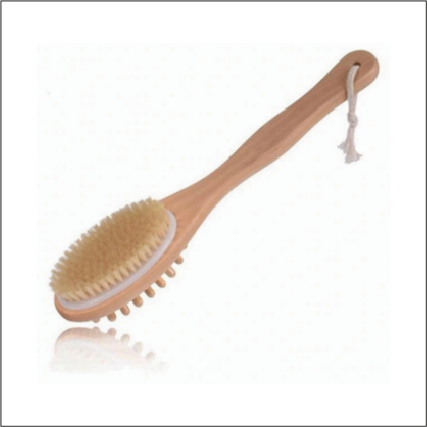Long handled wooden bath brush with natural boar bristles and massage nubs on the reverse side