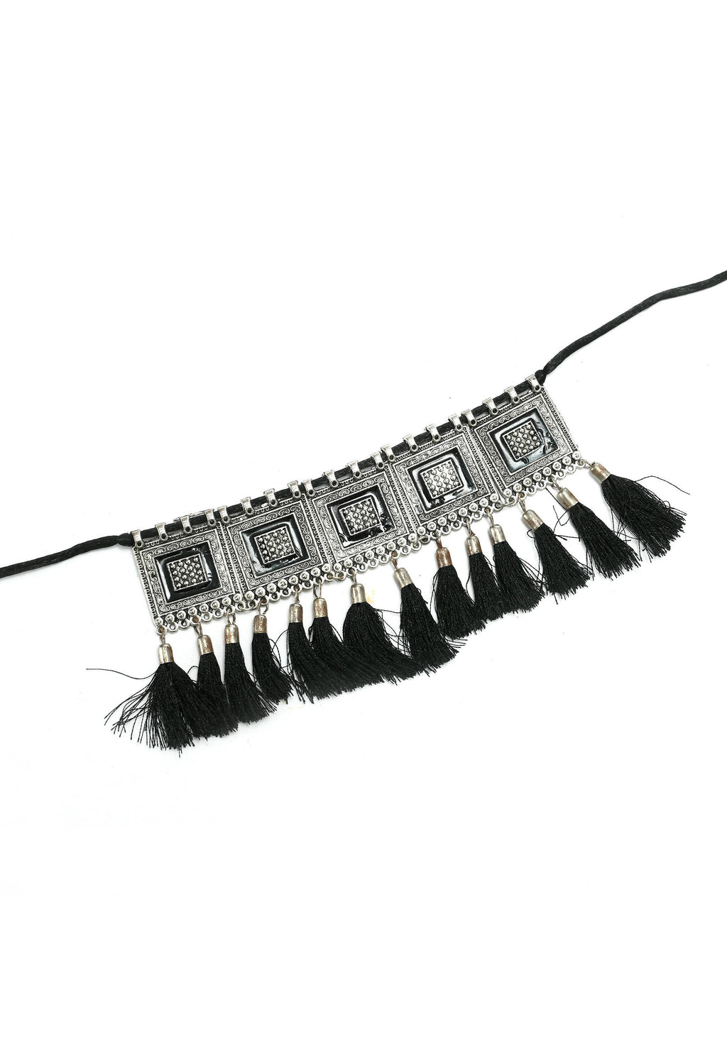 Oxidised Silver-Plated Brass Tassel Choker Necklace for Women