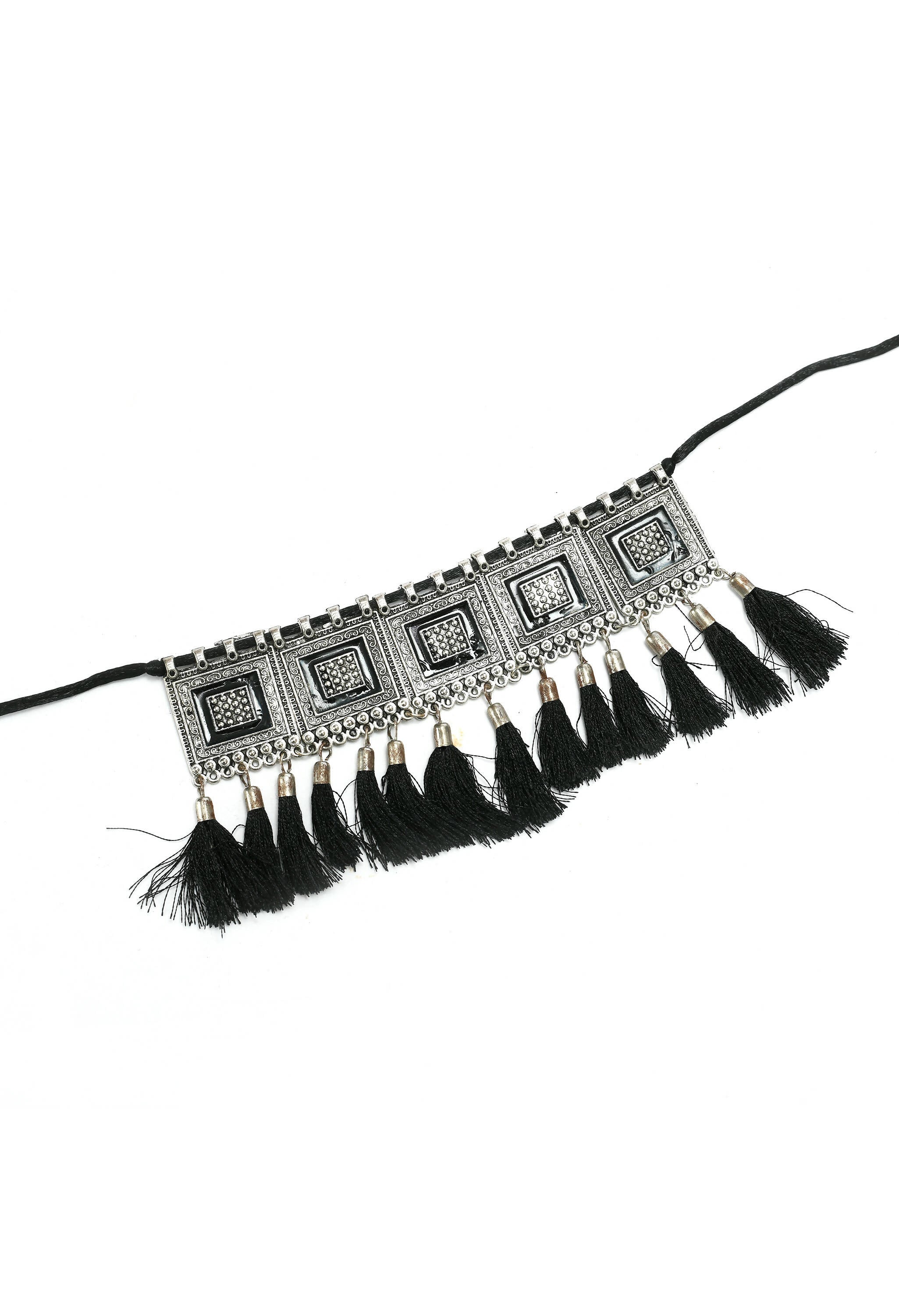 Oxidised Silver-Plated Brass Tassel Choker Necklace for Women
