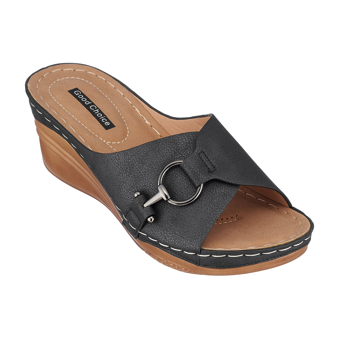 Women's sleek black wedge sandals with a comfortable and modern open-toe design.