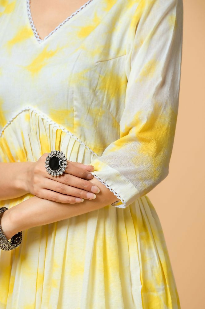 Yellow Tie & Dye Cotton Kurta Pant Set for Women