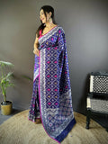 Blue Lichi soft silk Banarasi saree with intricate jacquard woven pattern and matching blouse piece