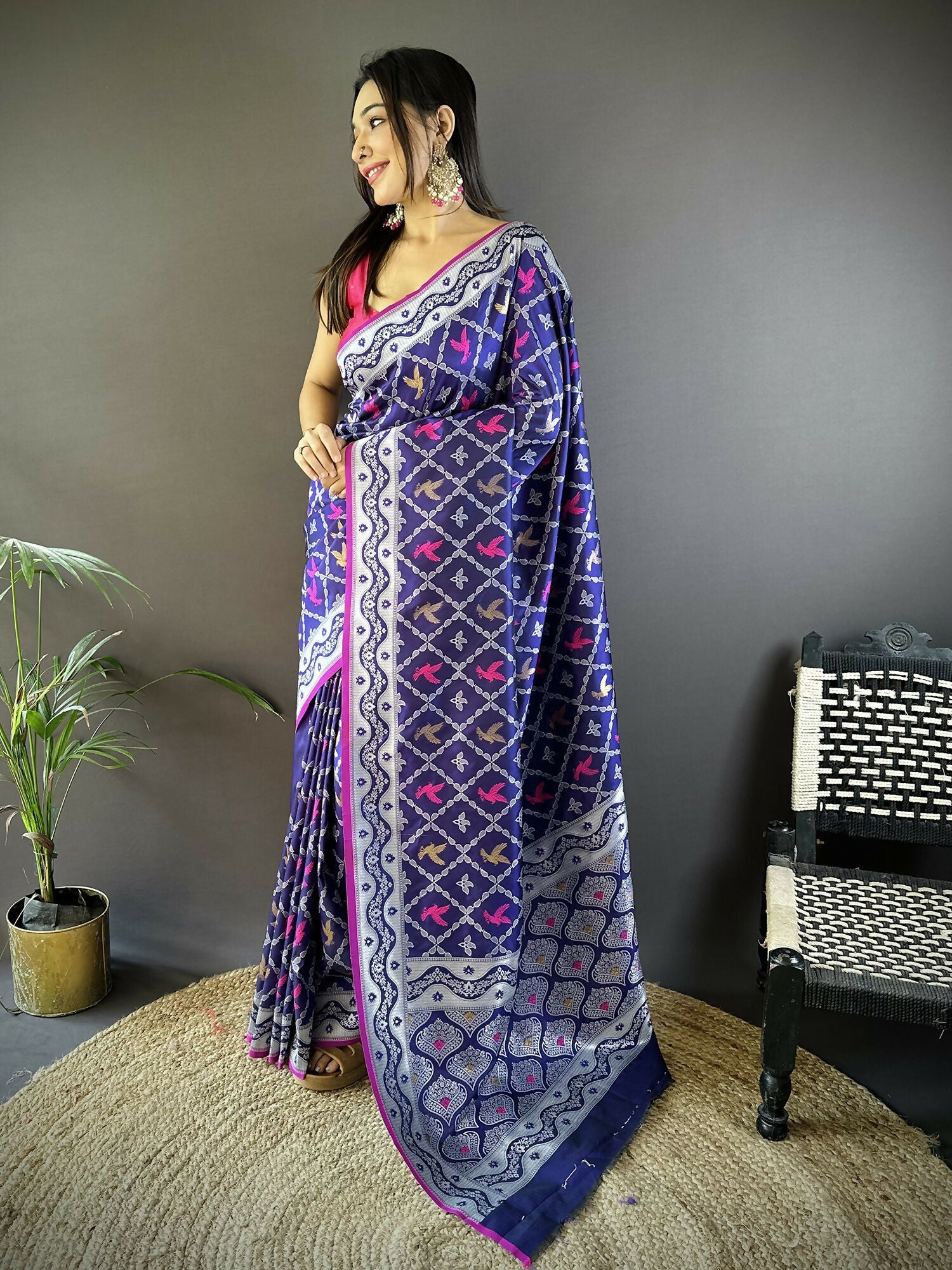 Blue Lichi soft silk Banarasi saree with intricate jacquard woven pattern and matching blouse piece