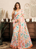 Woman wearing a white color block linen ready-to-wear saree with matching blouse