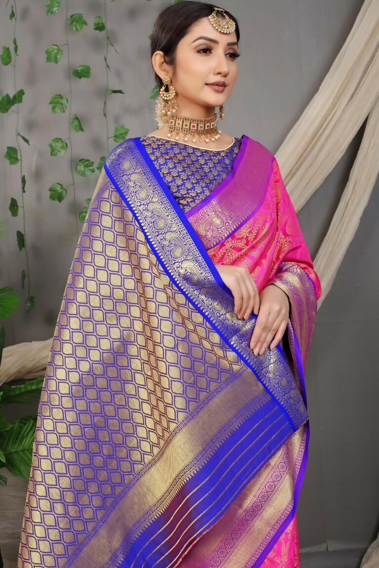 Pink Kanjivaram Silk Saree with Contrasting Blue Blouse
