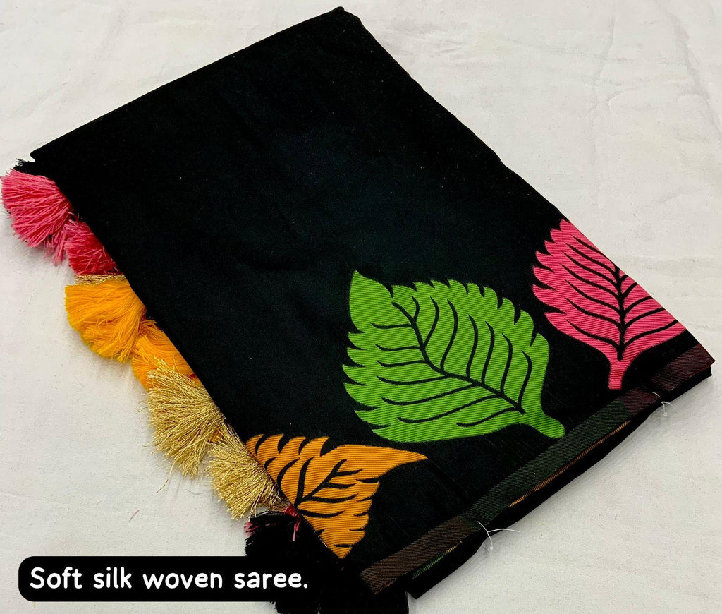 Black Pure Silk Woven Saree with Multicolour Leaf Design