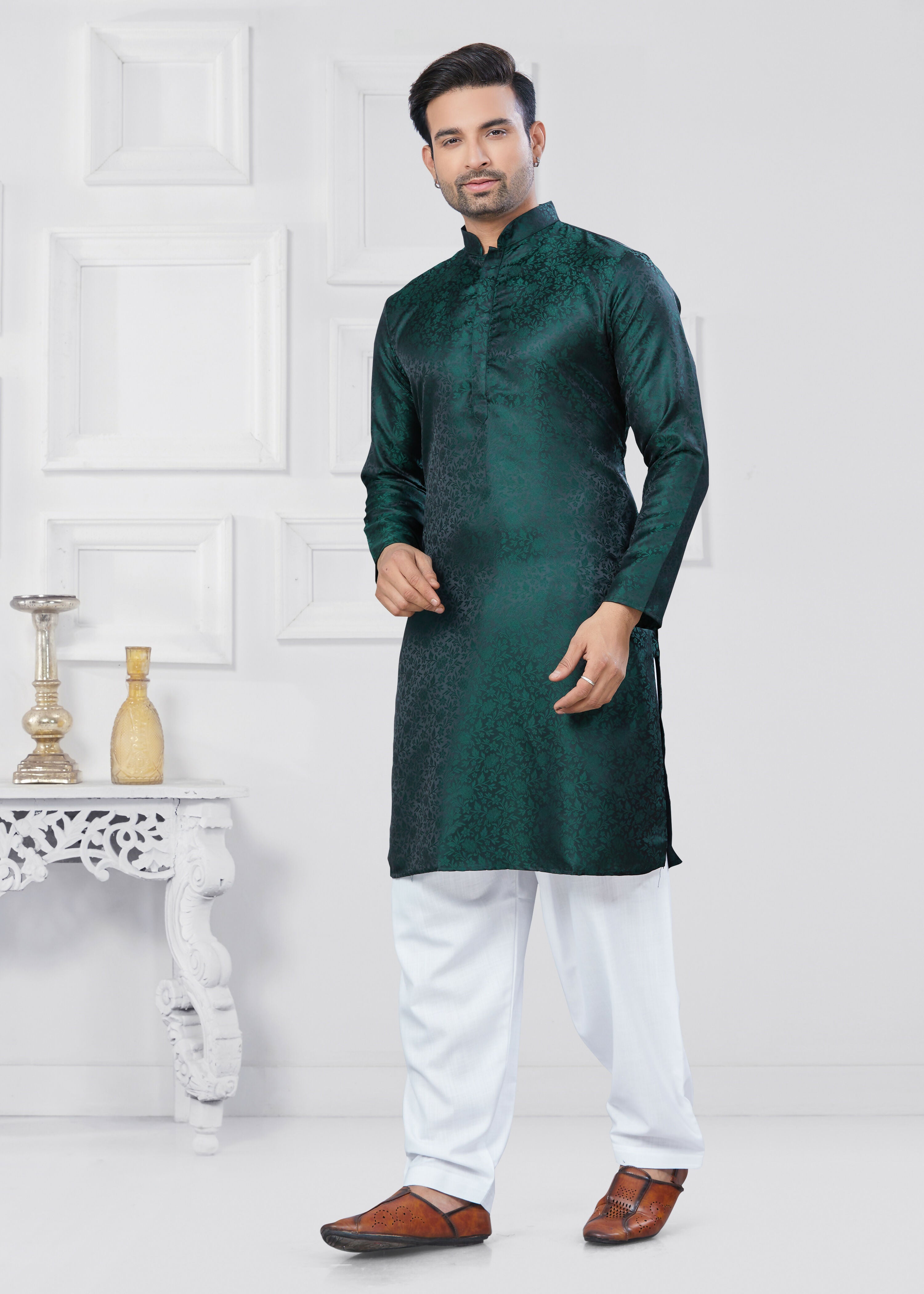 Boys Green Jacquard Silk Printed Kurta Pyjama Festive Set
