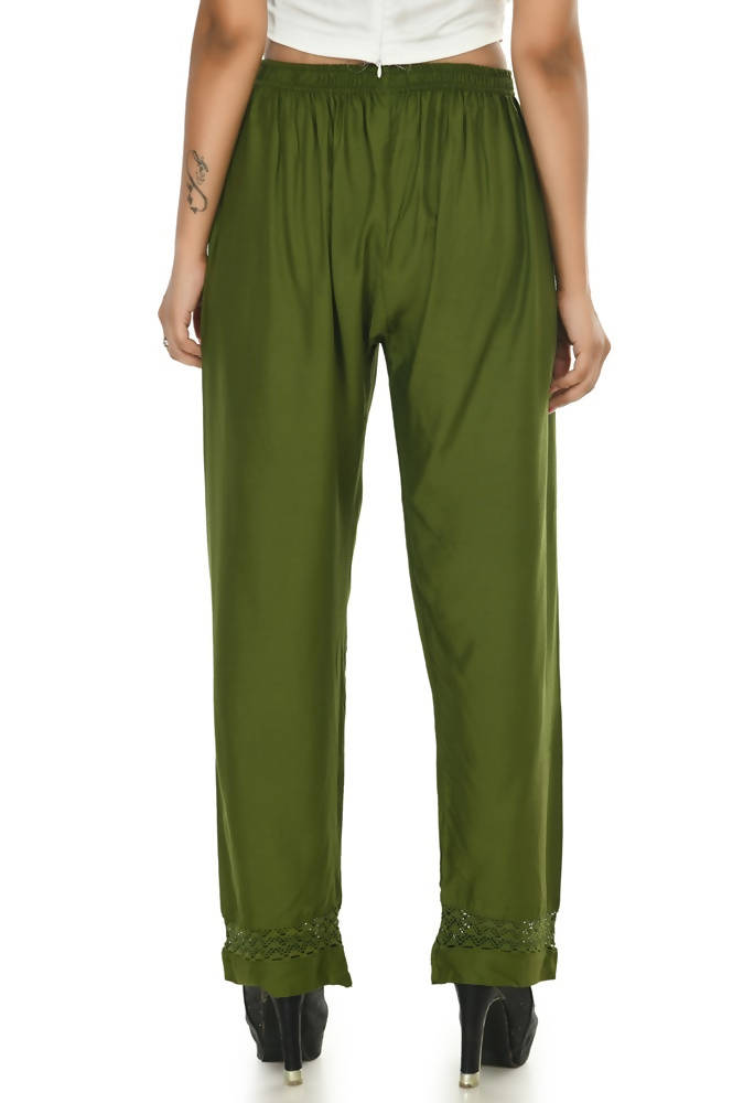 Mehndi Green Straight Palazzo Pants in Rayon Cotton