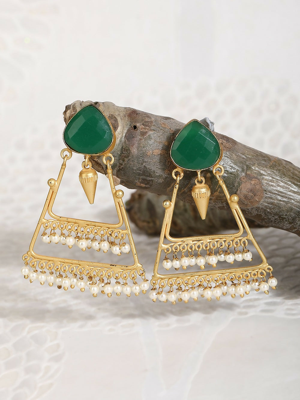 Matte Gold Statement Earrings with Emerald Green Stones