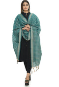Bright aqua blue handloom cotton dupatta styled for a fresh summer look.