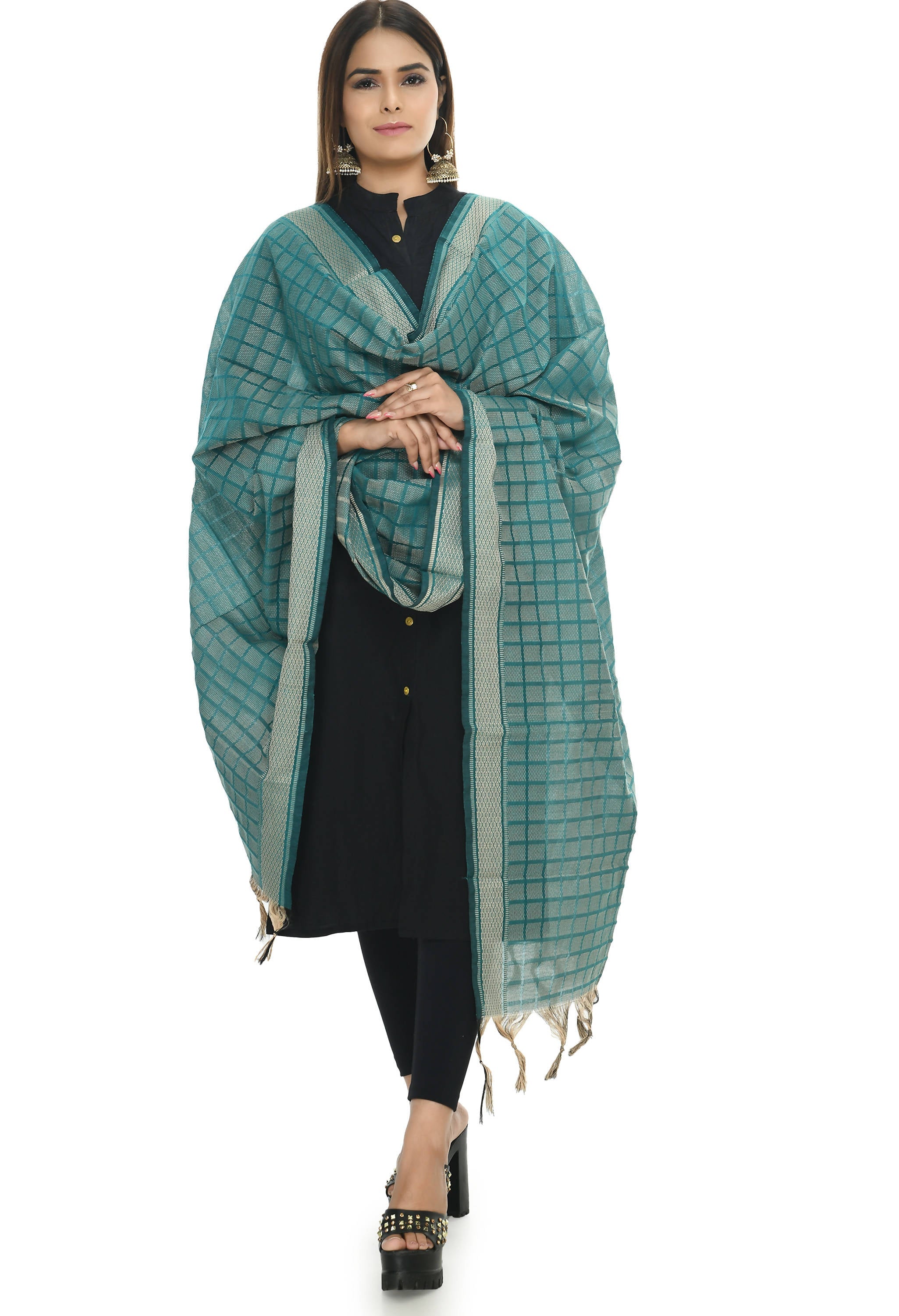 Bright aqua blue handloom cotton dupatta styled for a fresh summer look.