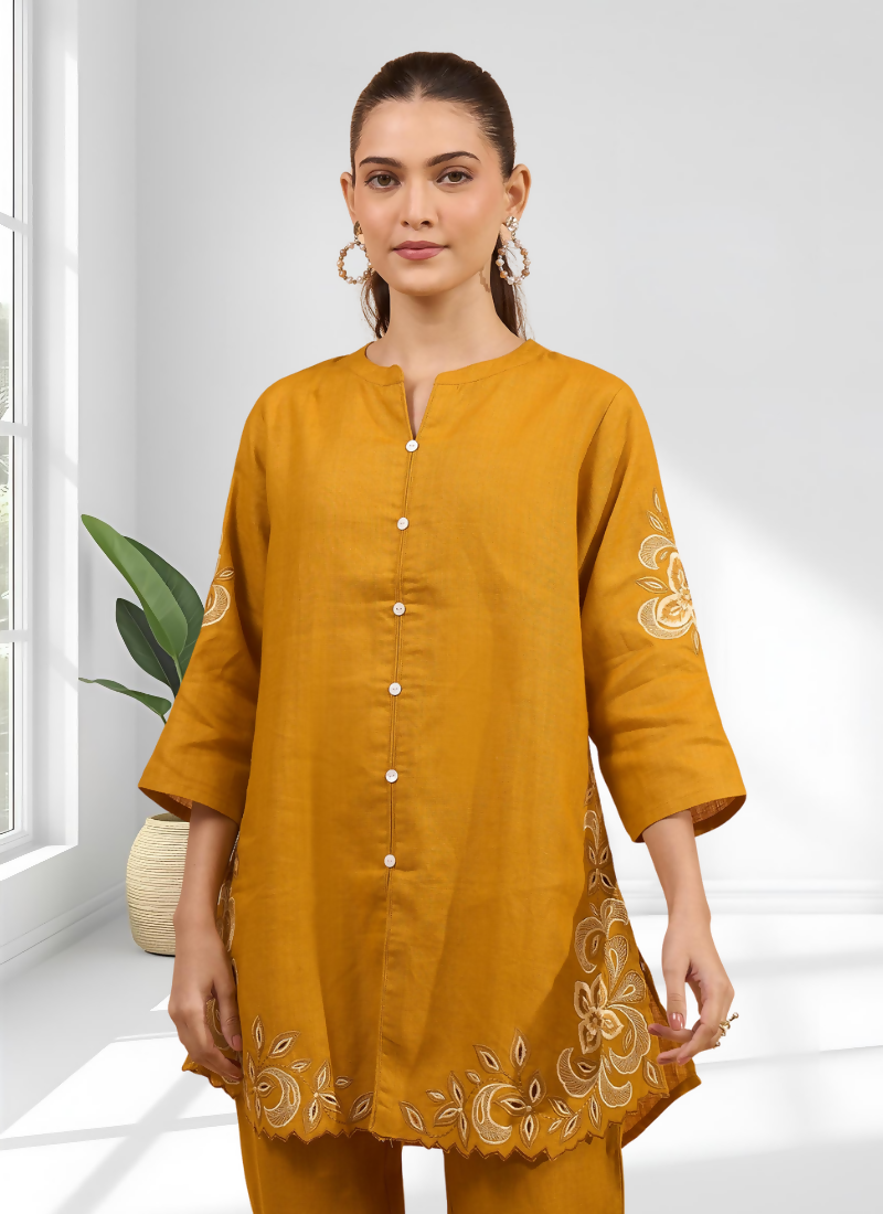 Yellow Cotton Linen Embroidered Cord Set for Festive Occasions