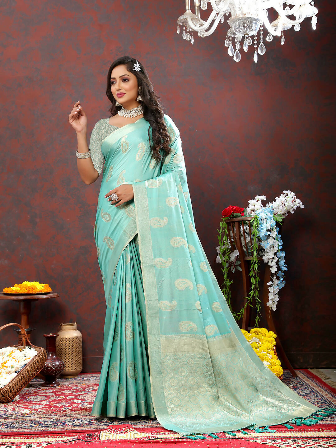 Lorenvalley Fashion Skyblue Cotton Woven Design with Zari Weaving Design Saree