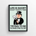 Modern minimalist Monopoly-style art print featuring a suited figure in a smiley mask against a mint-green background.
