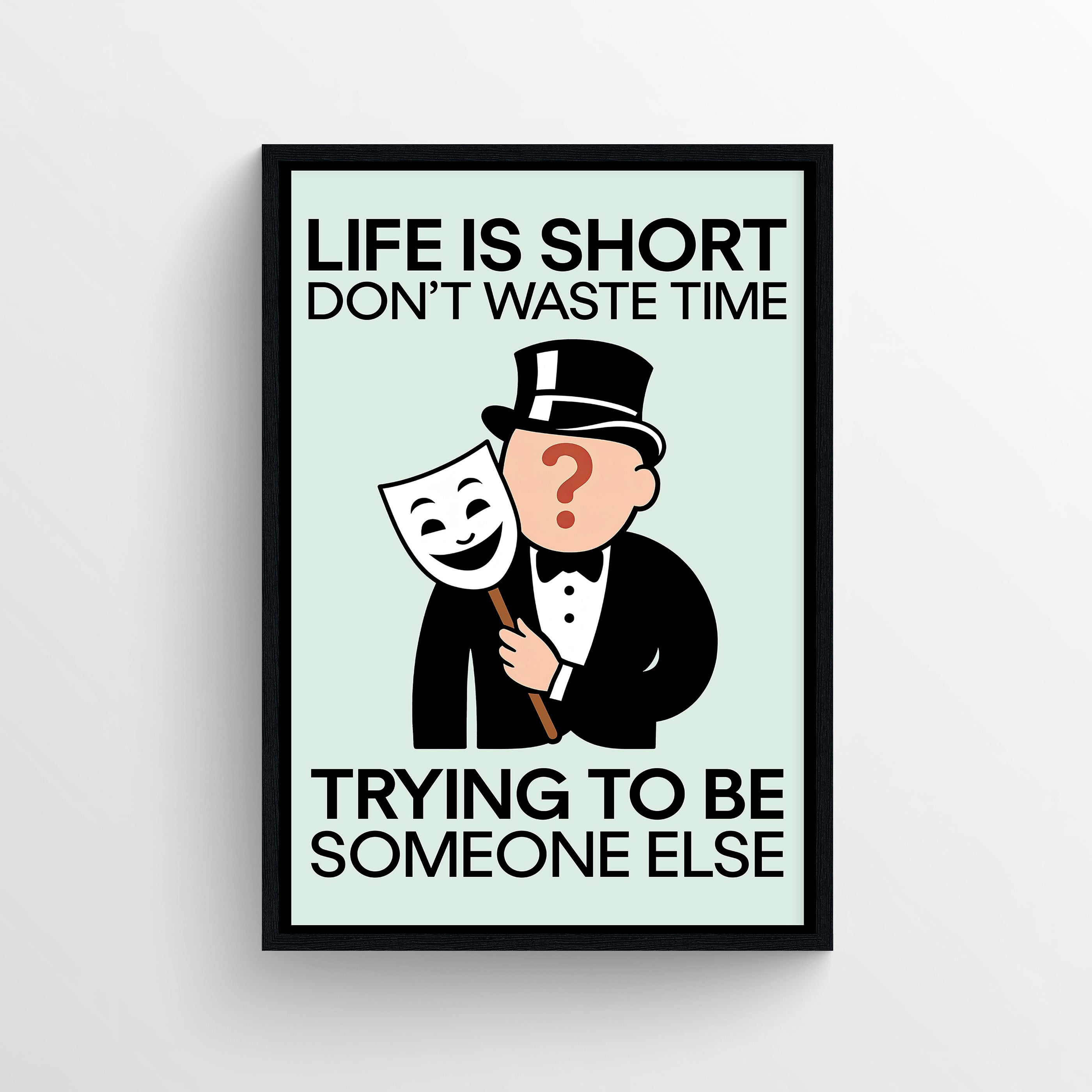 Modern minimalist Monopoly-style art print featuring a suited figure in a smiley mask against a mint-green background.