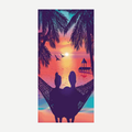 A soft velour beach towel featuring a silhouette of a couple in a hammock watching a tropical sunset over the ocean.