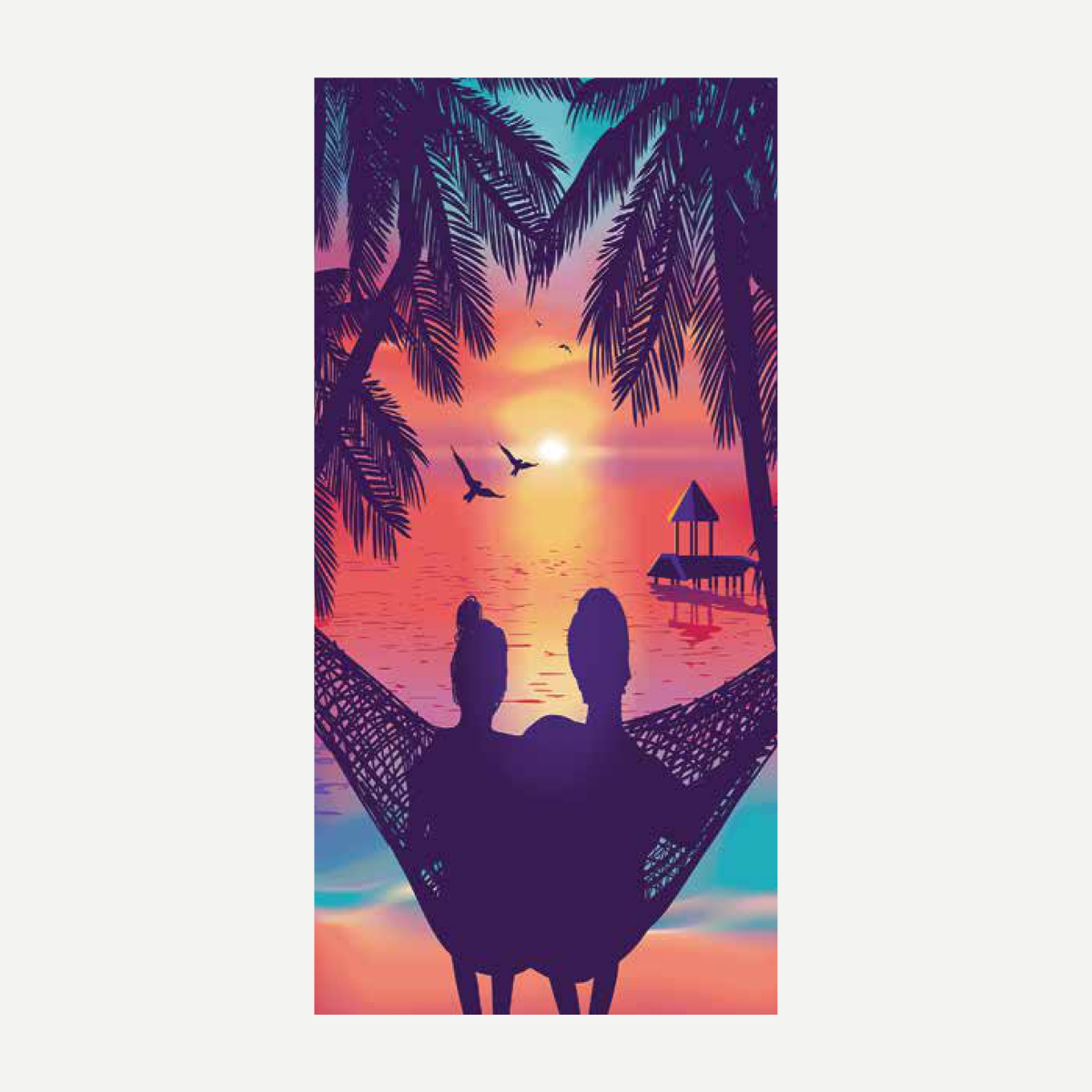 A soft velour beach towel featuring a silhouette of a couple in a hammock watching a tropical sunset over the ocean.