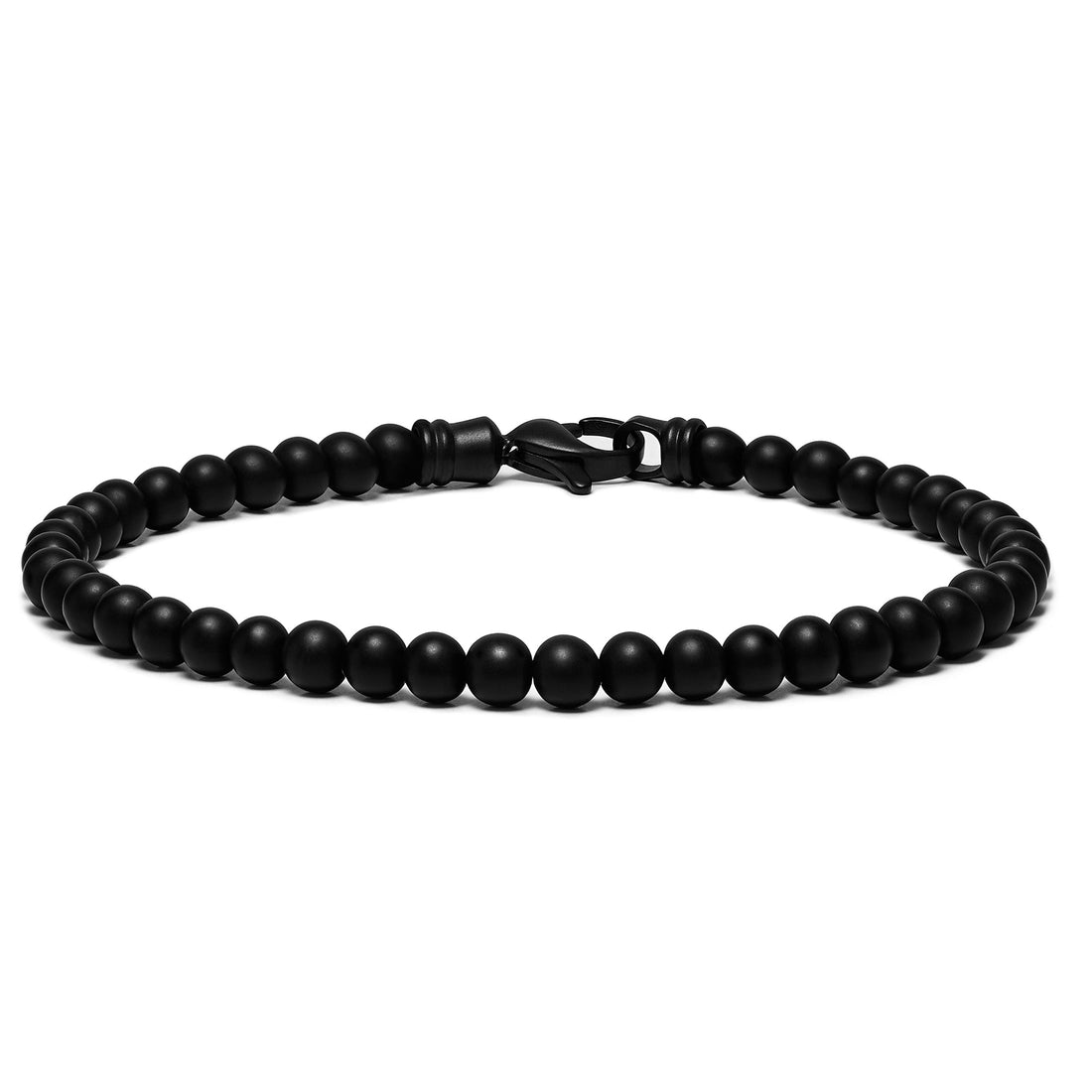A close up of a 4mm black onyx bead bracelet featuring a polished finish