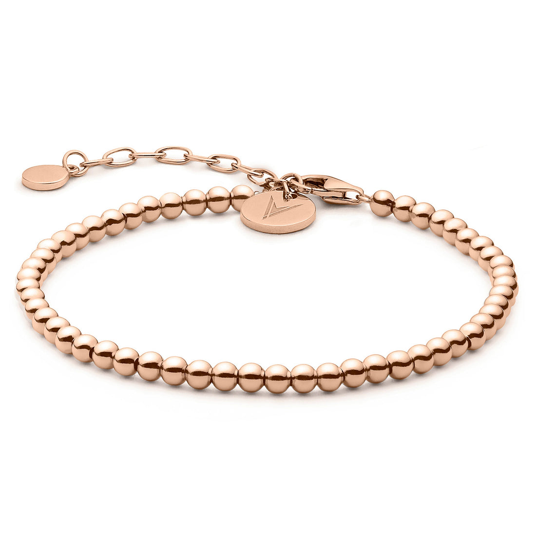 Elegant rose gold beaded bracelet featuring a sterling silver base and adjustable clasp.
