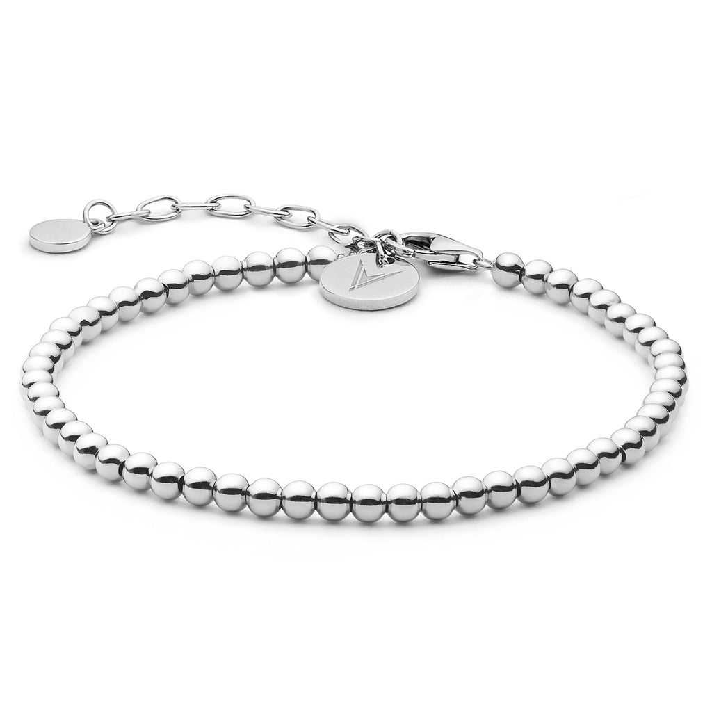 Close-up of a sterling silver beaded bracelet with an adjustable lobster claw clasp.