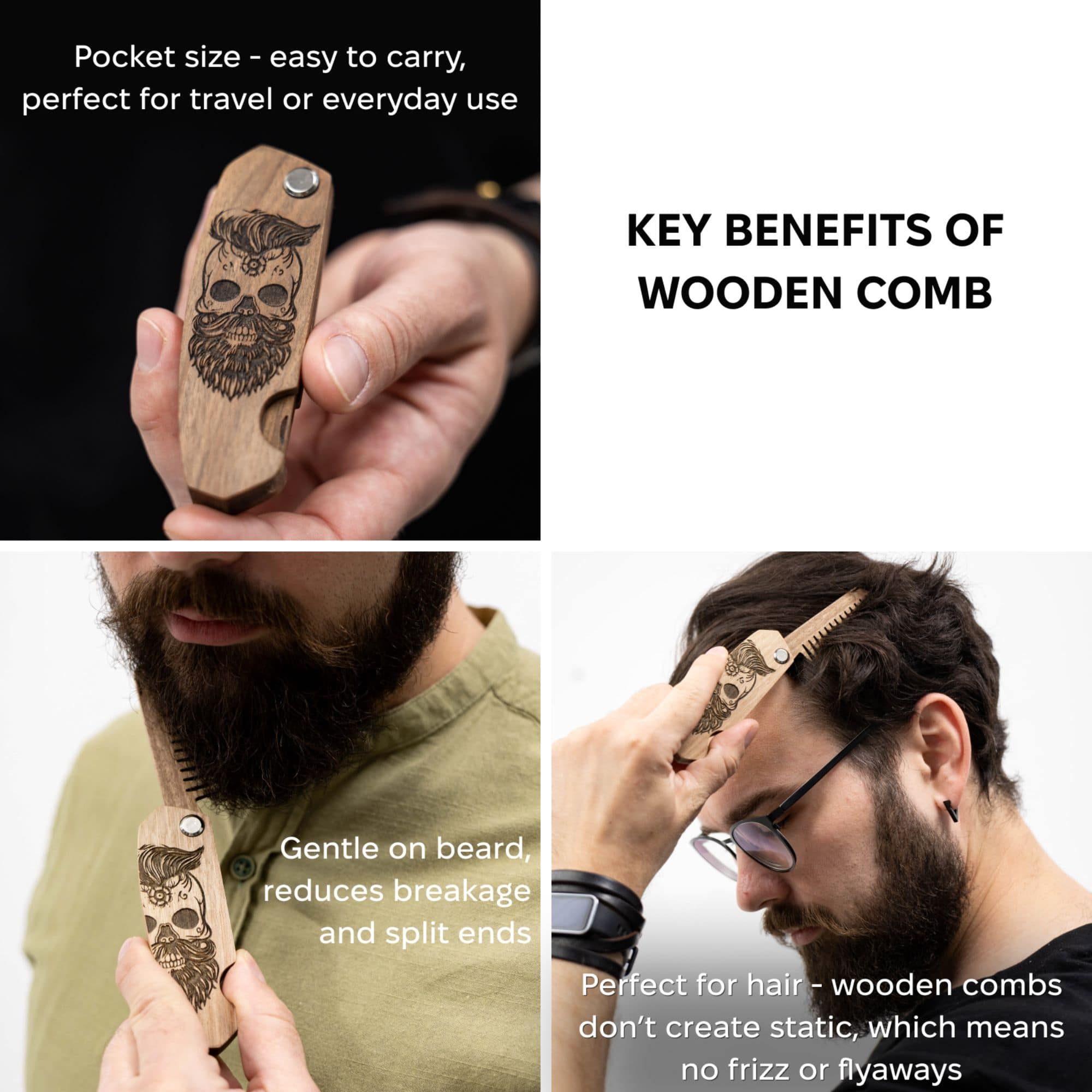 Wooden Beard Comb – Skull Design Natural Walnut Grooming Accessory