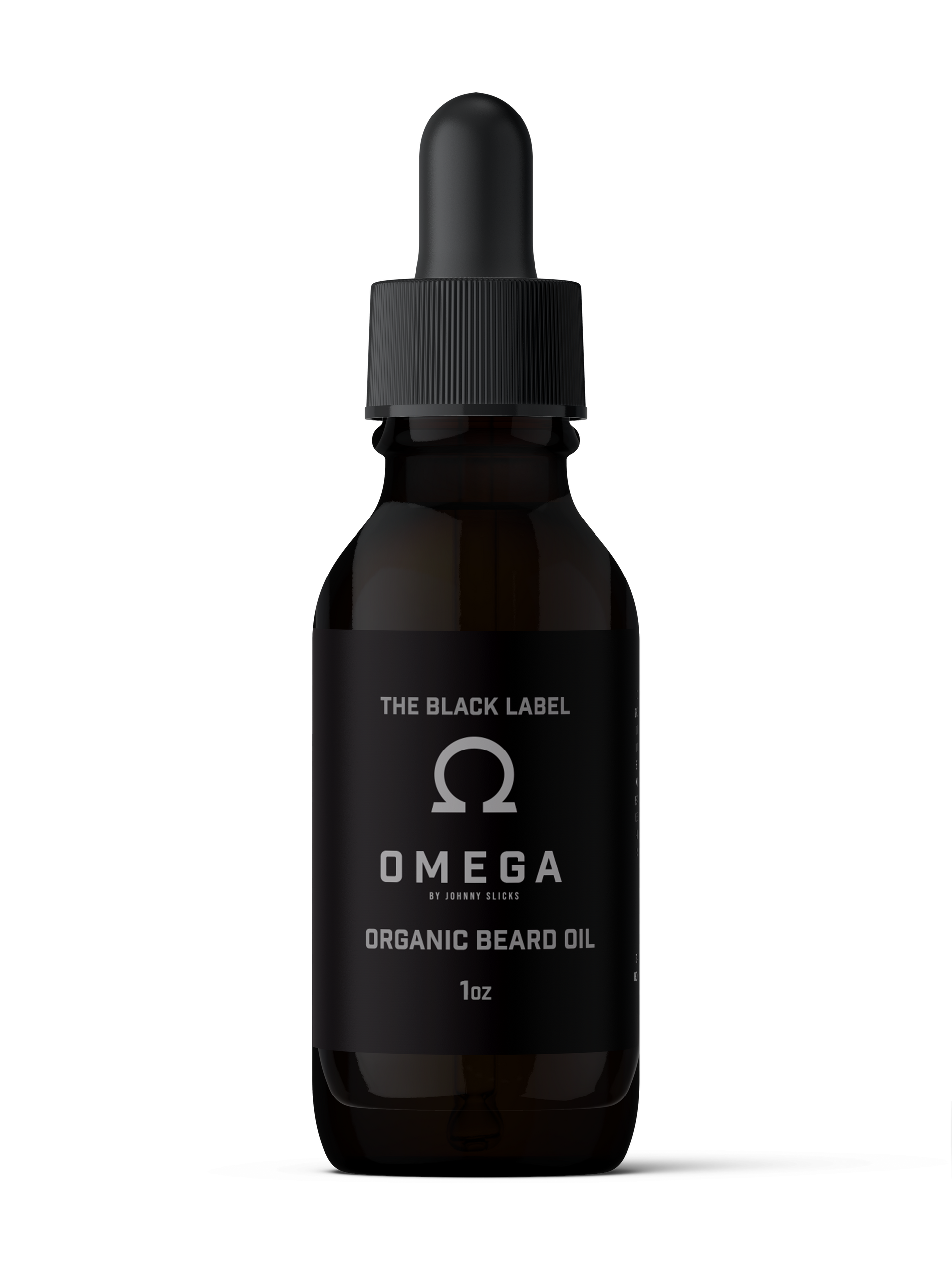 A 1oz bottle of Johnny Slicks Omega Organic Beard Oil with a dropper top against a white background.