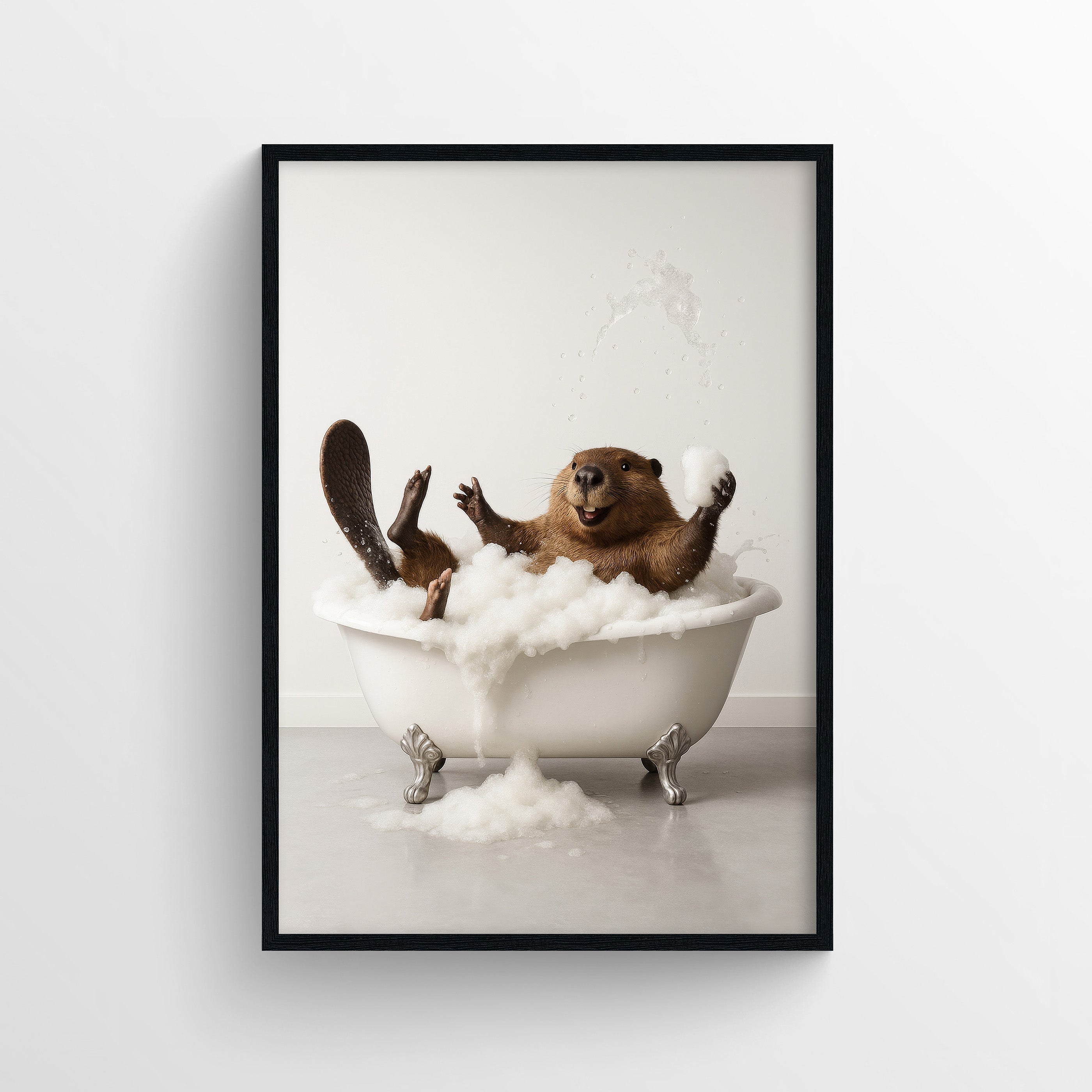 A framed wall art poster featuring a photorealistic beaver relaxing in a foam-filled clawfoot bathtub.