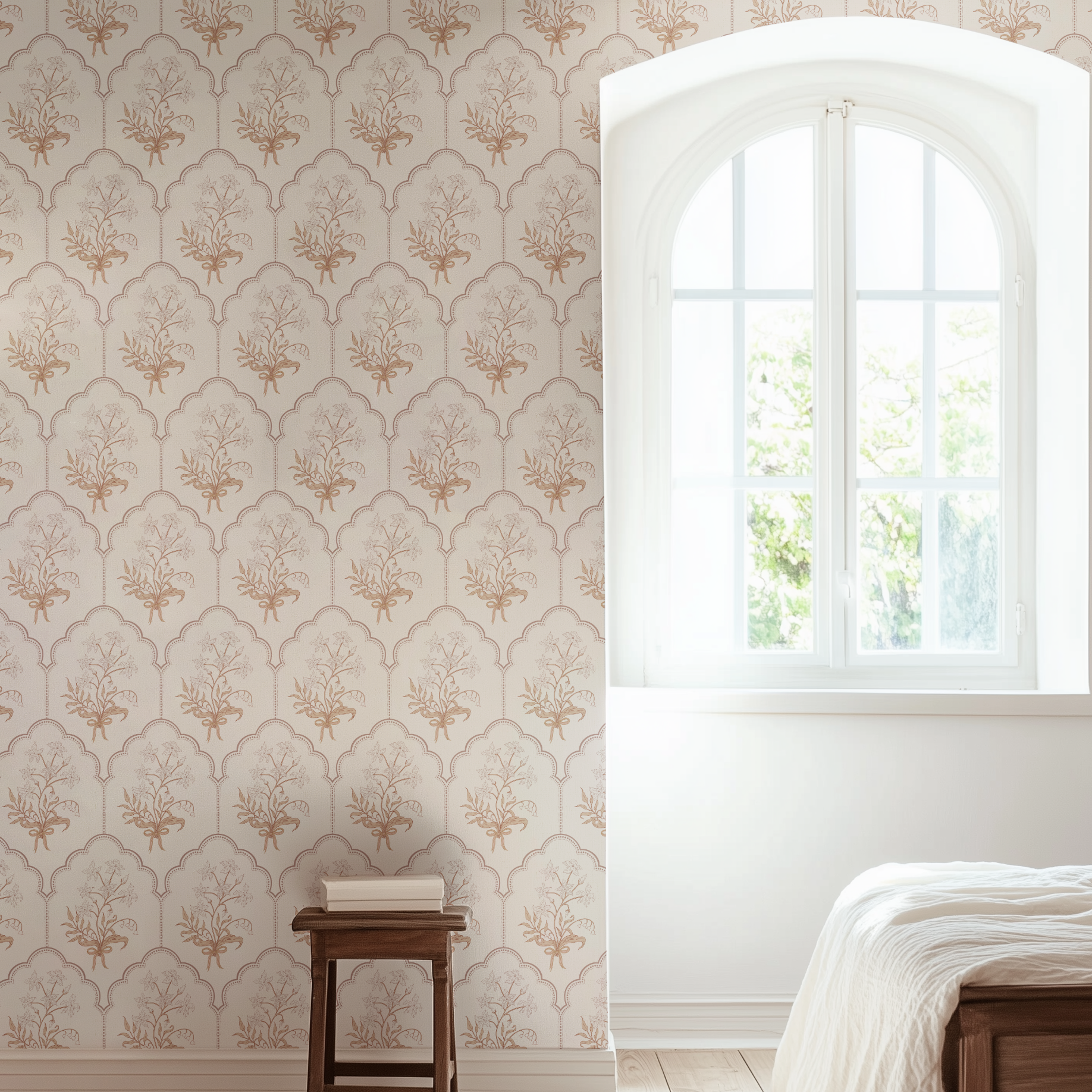 Close up of Oren wallpaper featuring floral patterns in sage green and off-white on a dark charcoal background.