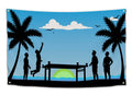 Beer Die Paradise tapestry featuring silhouettes playing beer die on a beach at sunset.