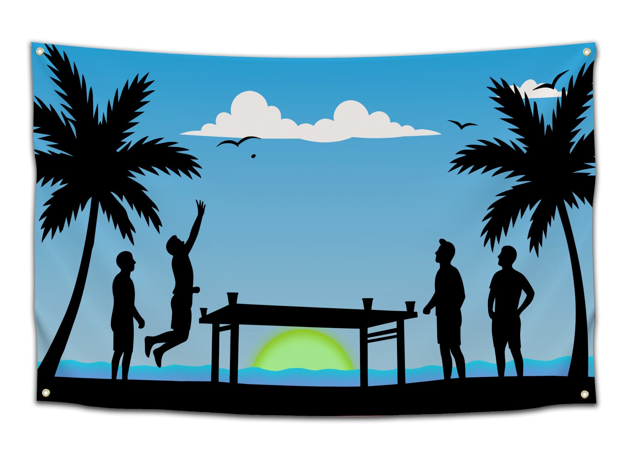 Beer Die Paradise tapestry featuring silhouettes playing beer die on a beach at sunset.