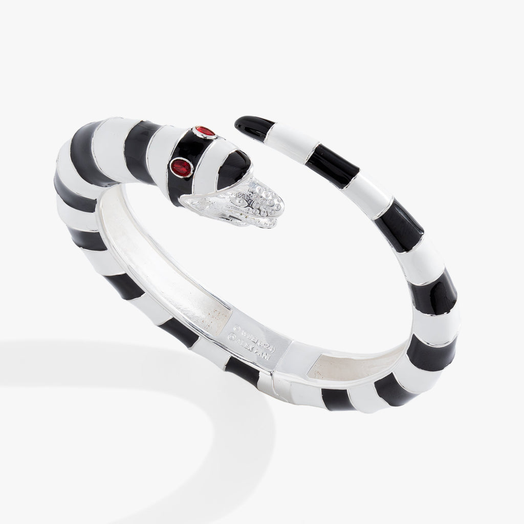 A stylized black and white striped sandworm-inspired cuff bracelet, showcasing the gothic design and silver-tone accents.