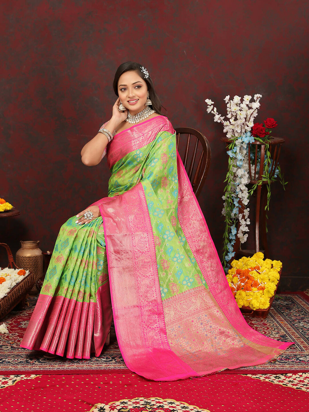Green Cotton Saree with Zari Meenakari Weaving and Silk Blouse