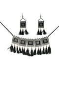 Handcrafted oxidised silver-plated brass choker with black tassel details for women