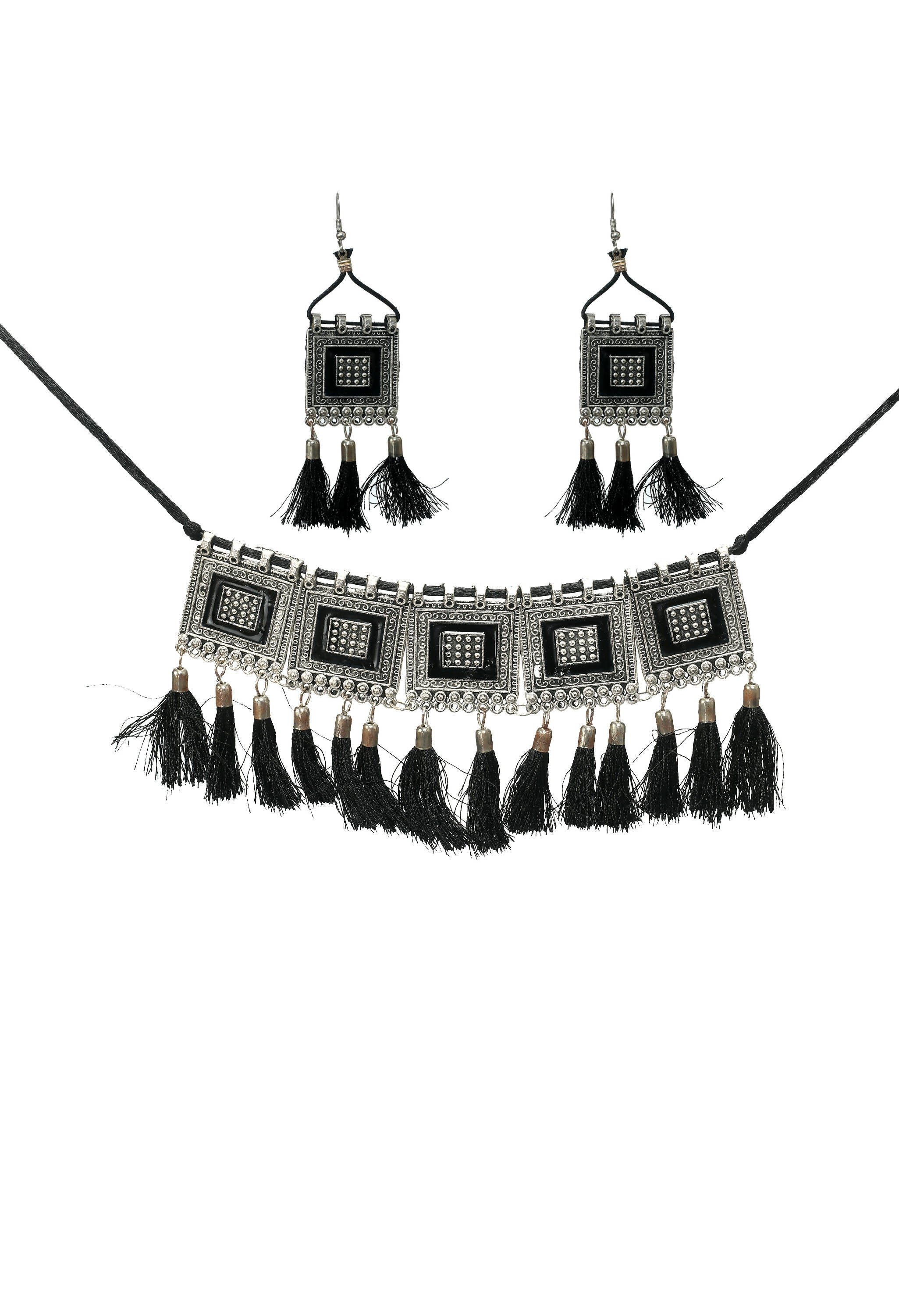 Handcrafted oxidised silver-plated brass choker with black tassel details for women