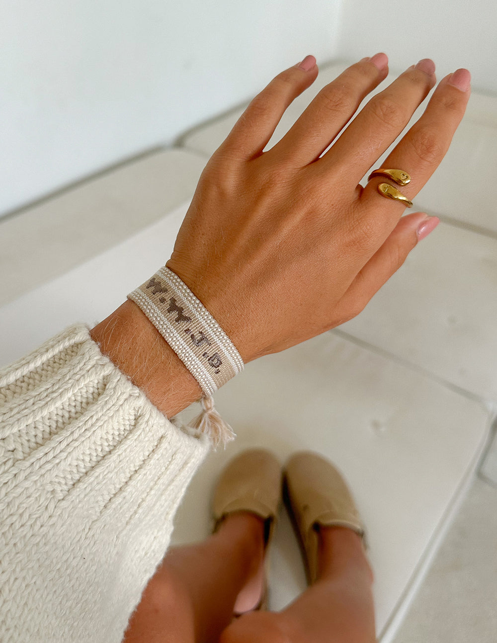 Beige WWJD Embroidered Woven Bracelet - Faith-Based Wristwear