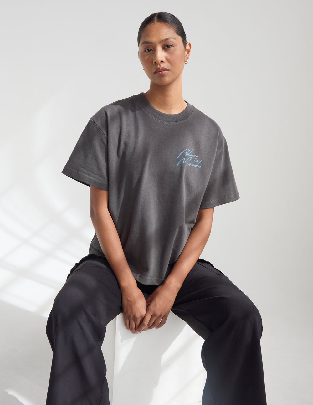 Believe in Miracles Heavyweight Oversized Tee - Charcoal/Blue