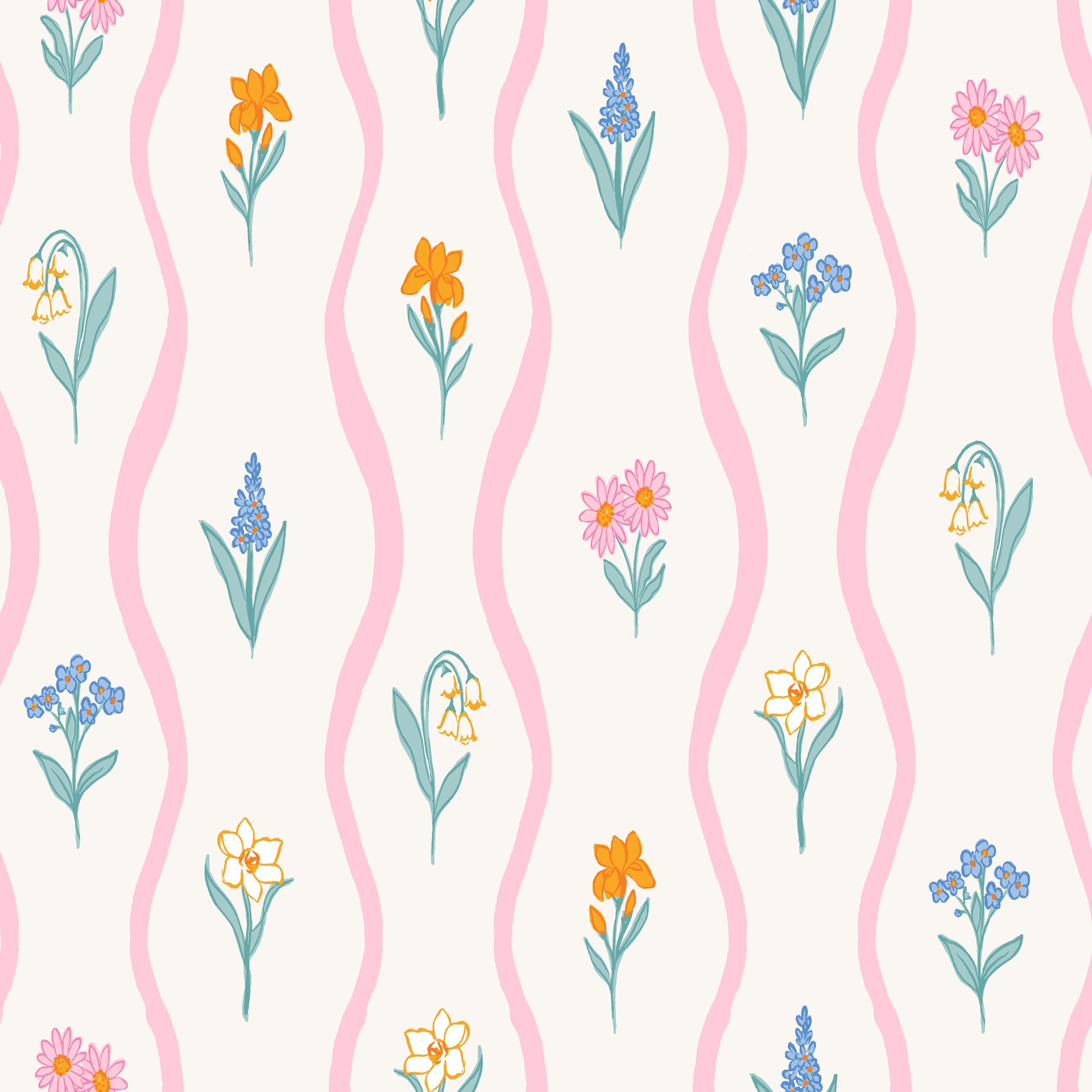 Bellamy Floral Wallpaper in Cream, Pink, Yellow, and Blue