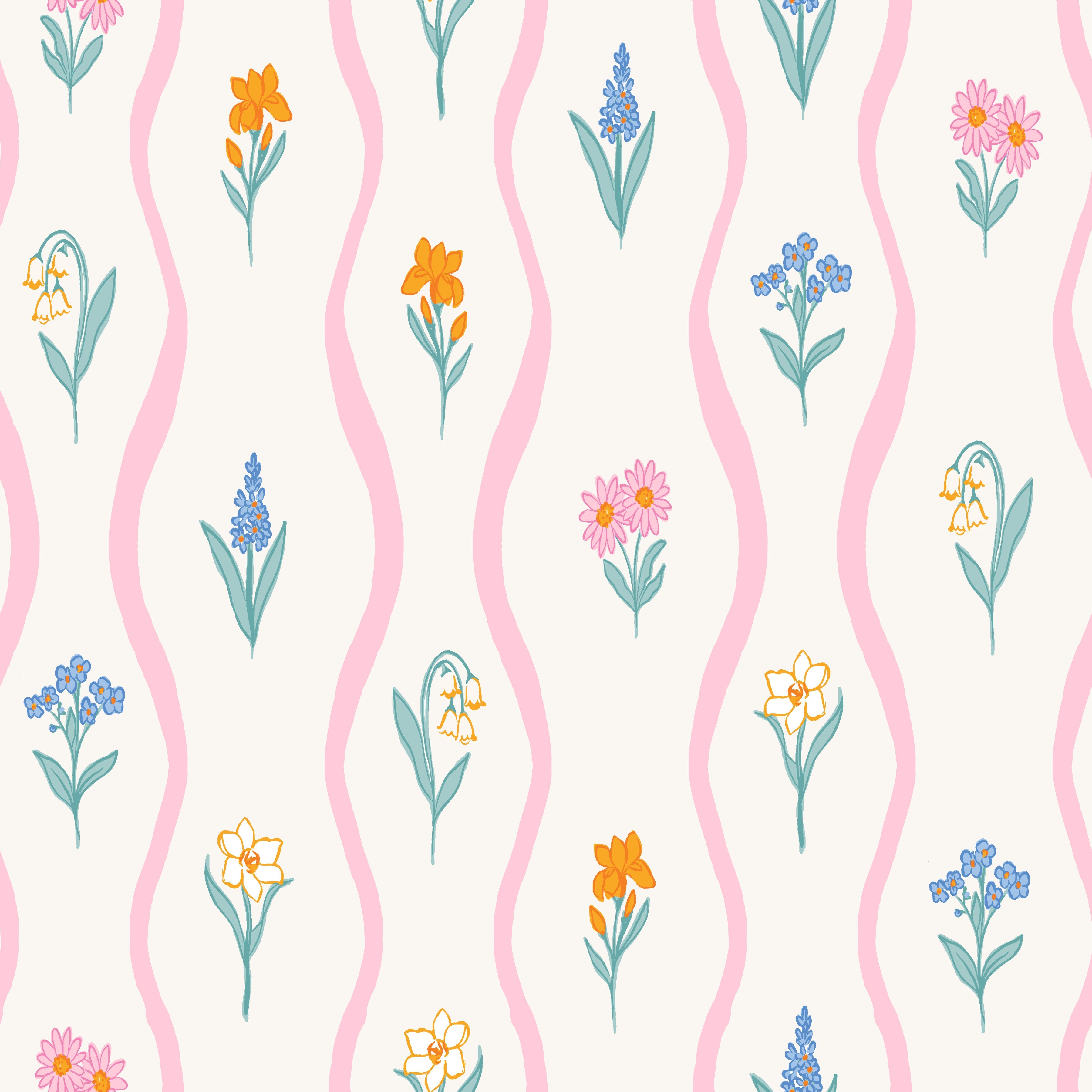 Bellamy Floral Wallpaper in Cream, Pink, Yellow, and Blue