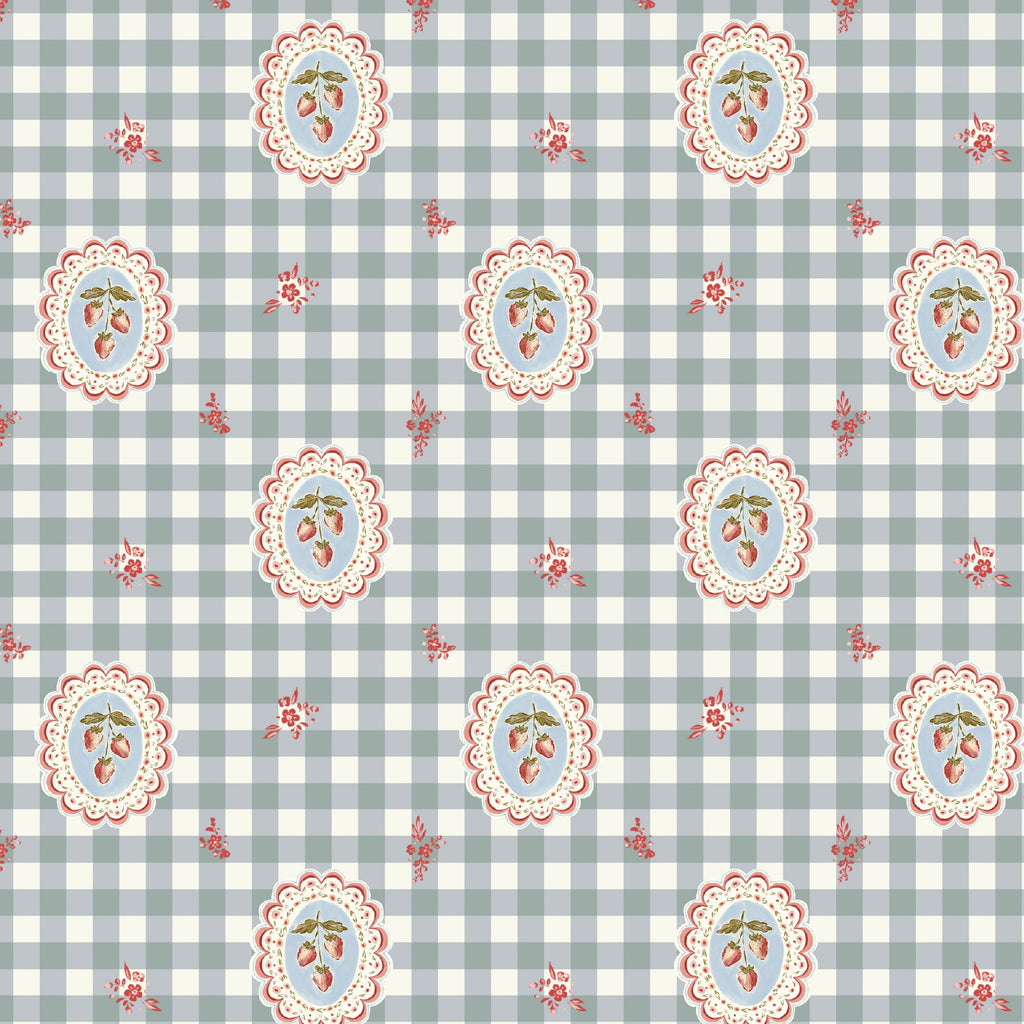 Bessie Floral Wallpaper in Sage-Green, White, Pale-Blue, Red