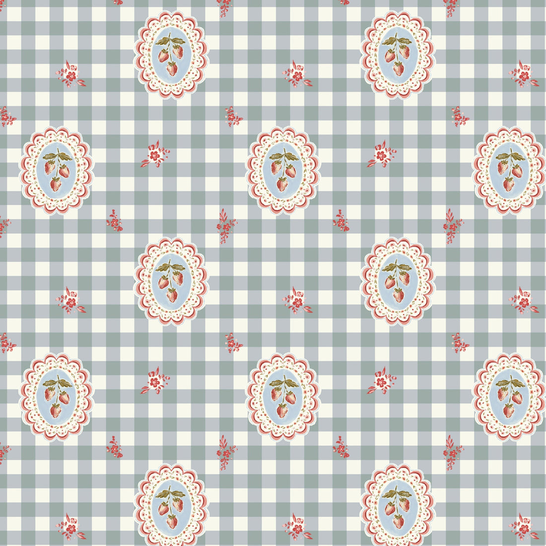 Bessie Floral Wallpaper in Sage-Green, White, Pale-Blue, Red