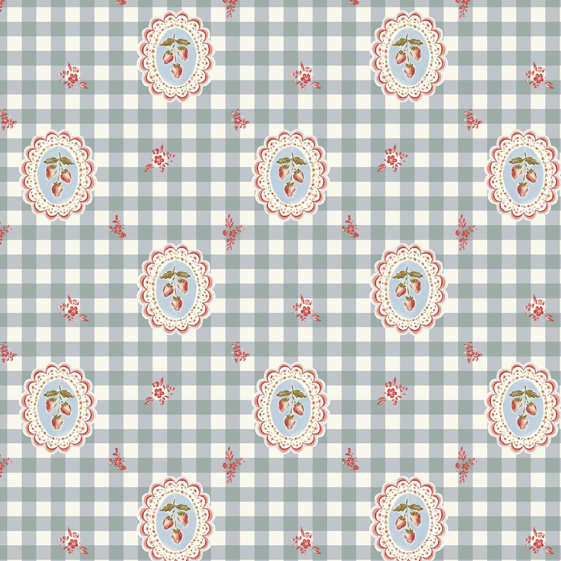 Bessie Floral Wallpaper in Sage-Green, White, Pale-Blue, Red