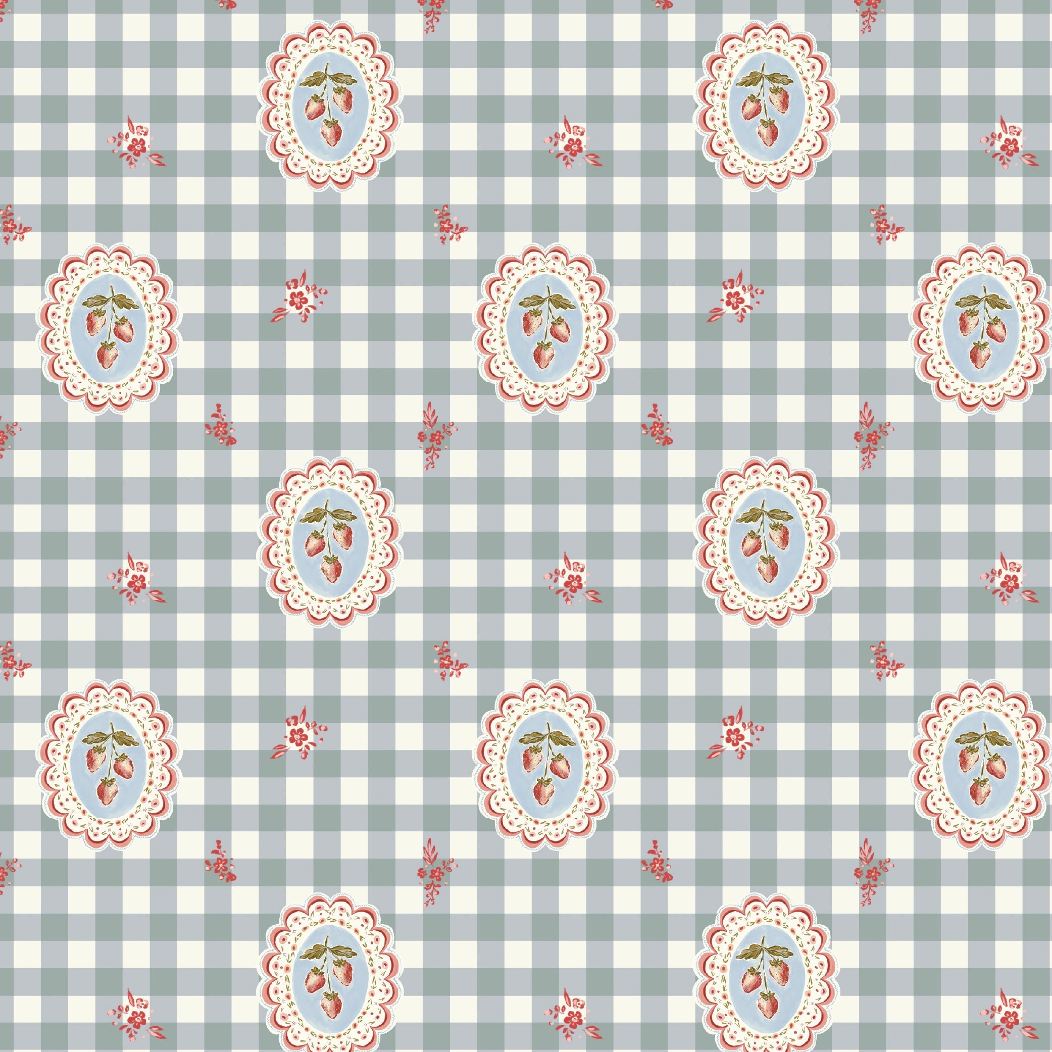 Bessie Floral Wallpaper in Sage-Green, White, Pale-Blue, Red