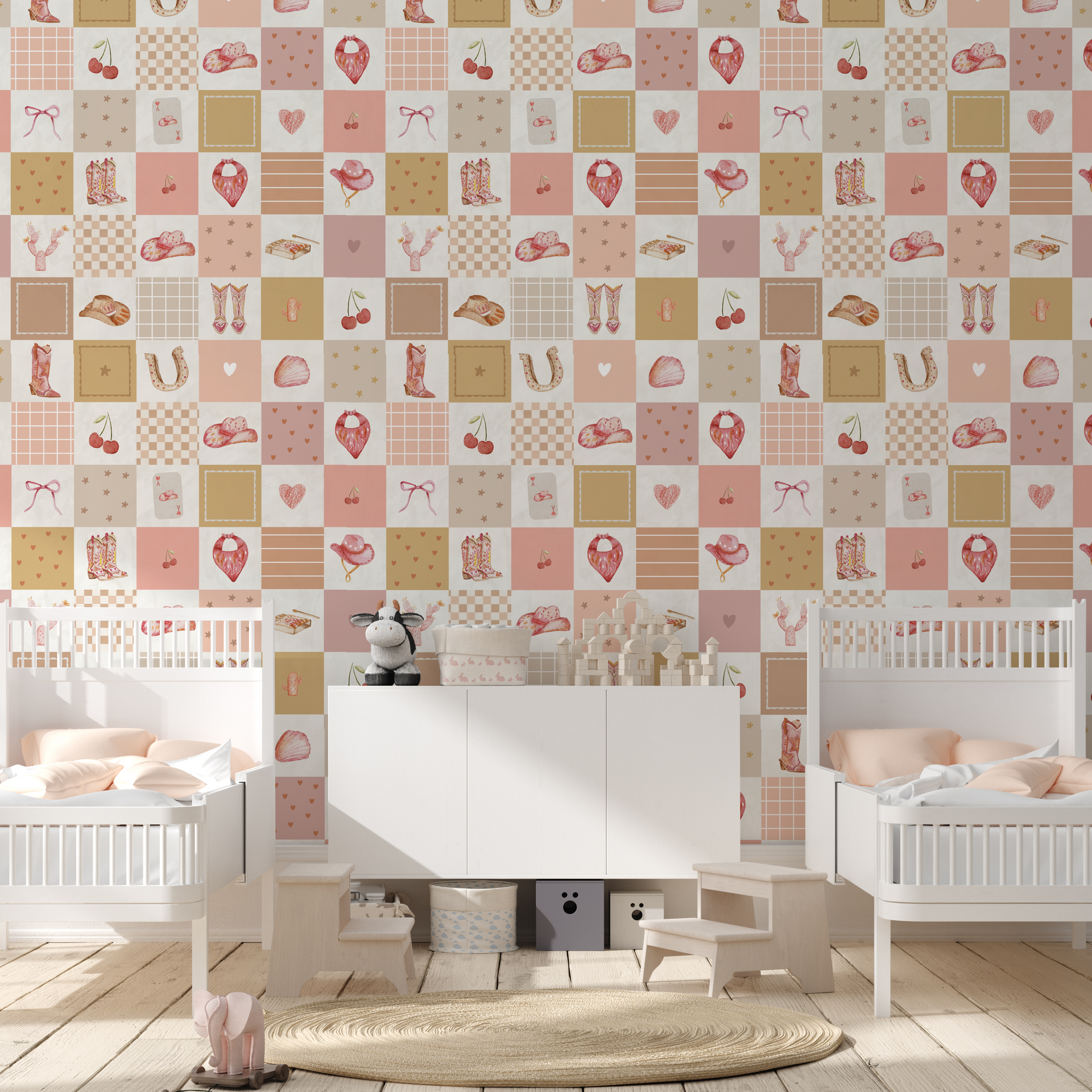 Beth geometric wallpaper in soft pink, tan, and cream shades