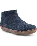 Navy blue wool felt ankle boot with suede leather sole - diagonal view