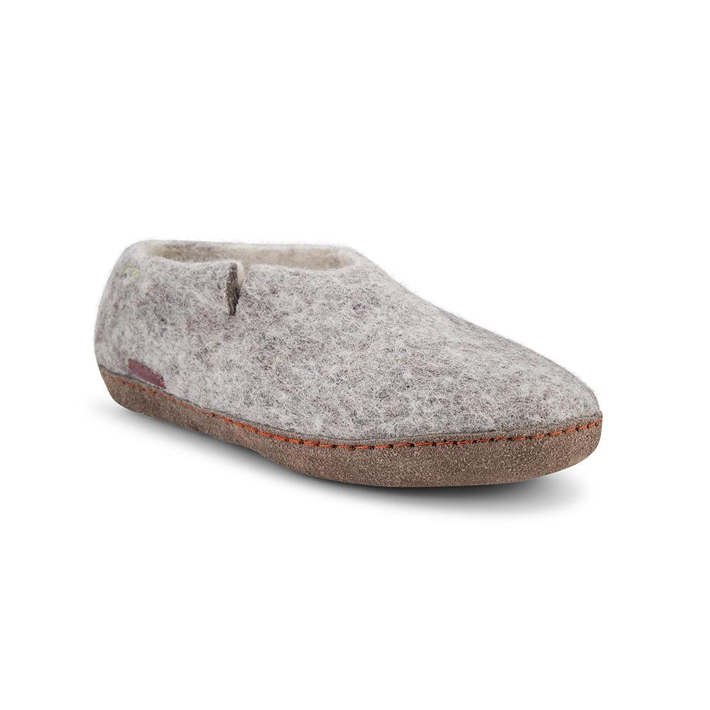 Women's classic grey leather slippers featuring a minimalist design and durable construction.