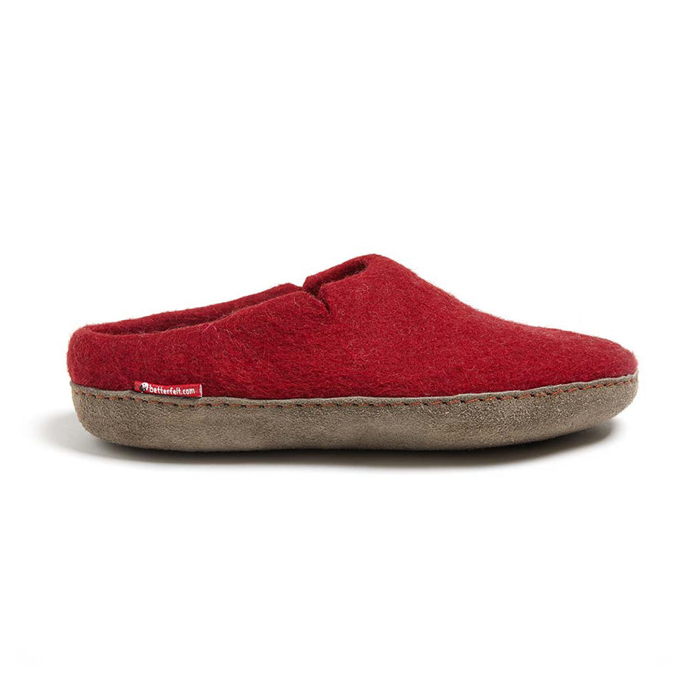 Women's Classic Red Wool Slippers with Leather Sole