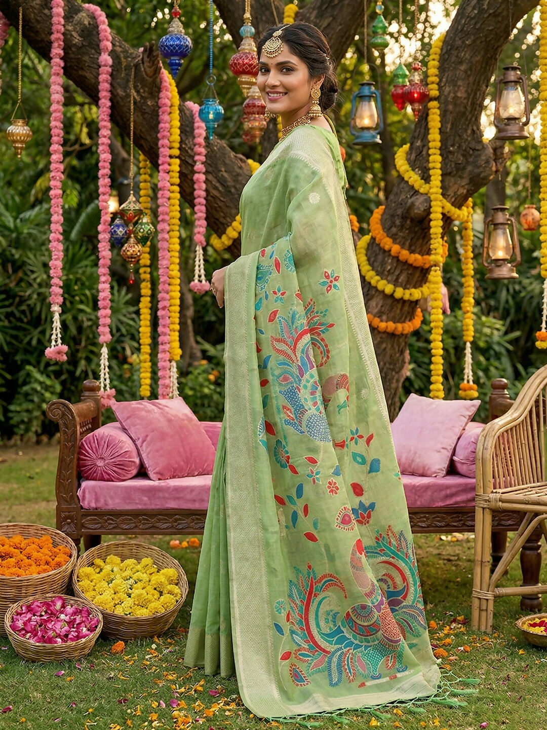 Light Green Linen Cotton Saree with Matching Blouse