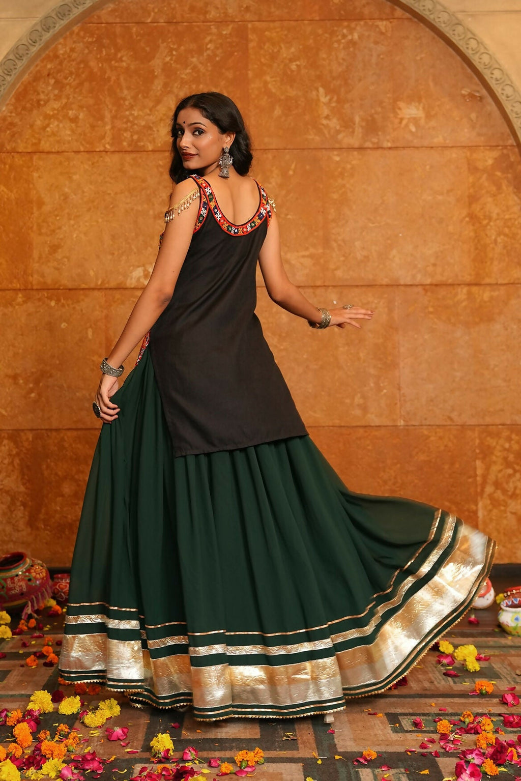 Green Georgette Designer Navratri Lehenga Choli with Multi Blouse