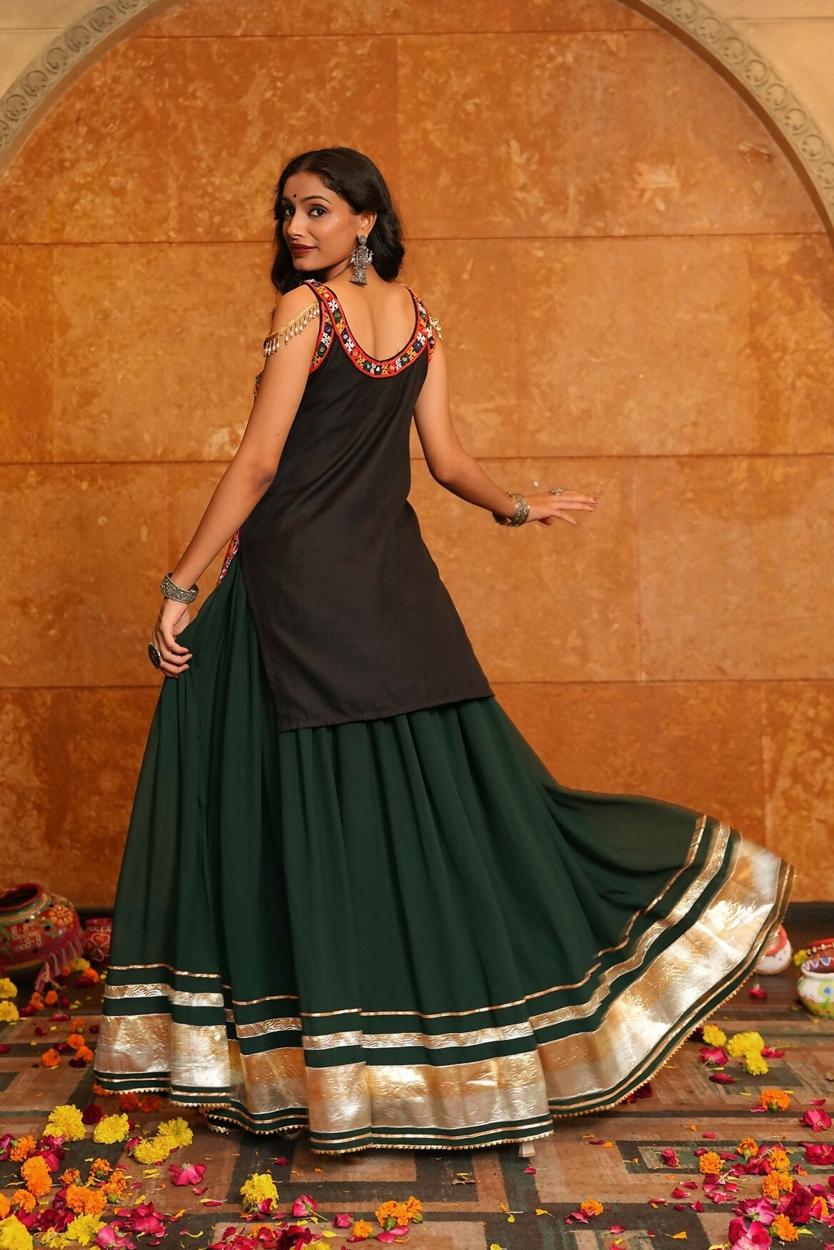 Green Georgette Designer Navratri Lehenga Choli with Multi Blouse